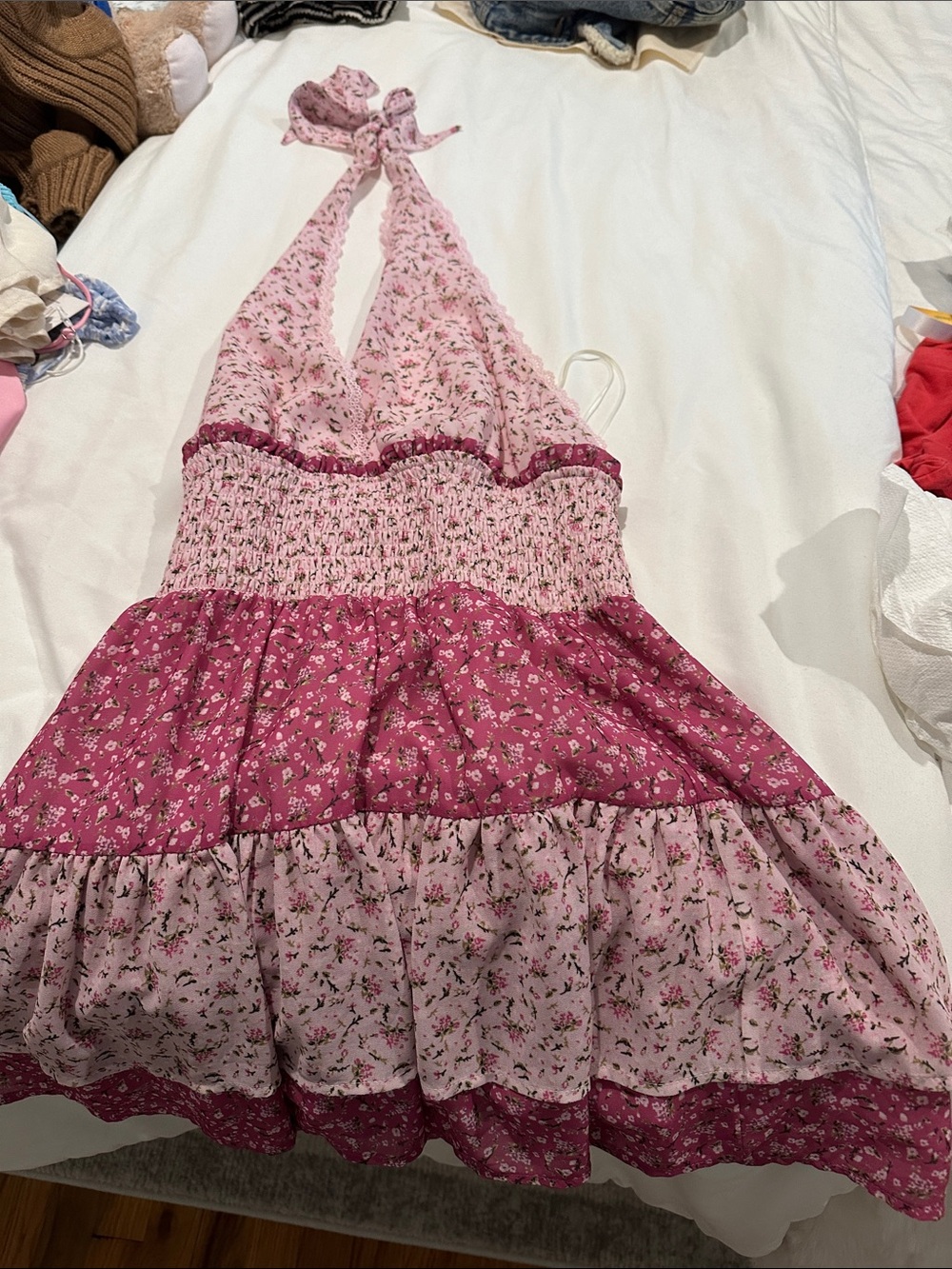 Floral Halter Tiered Mini Dress in Pink